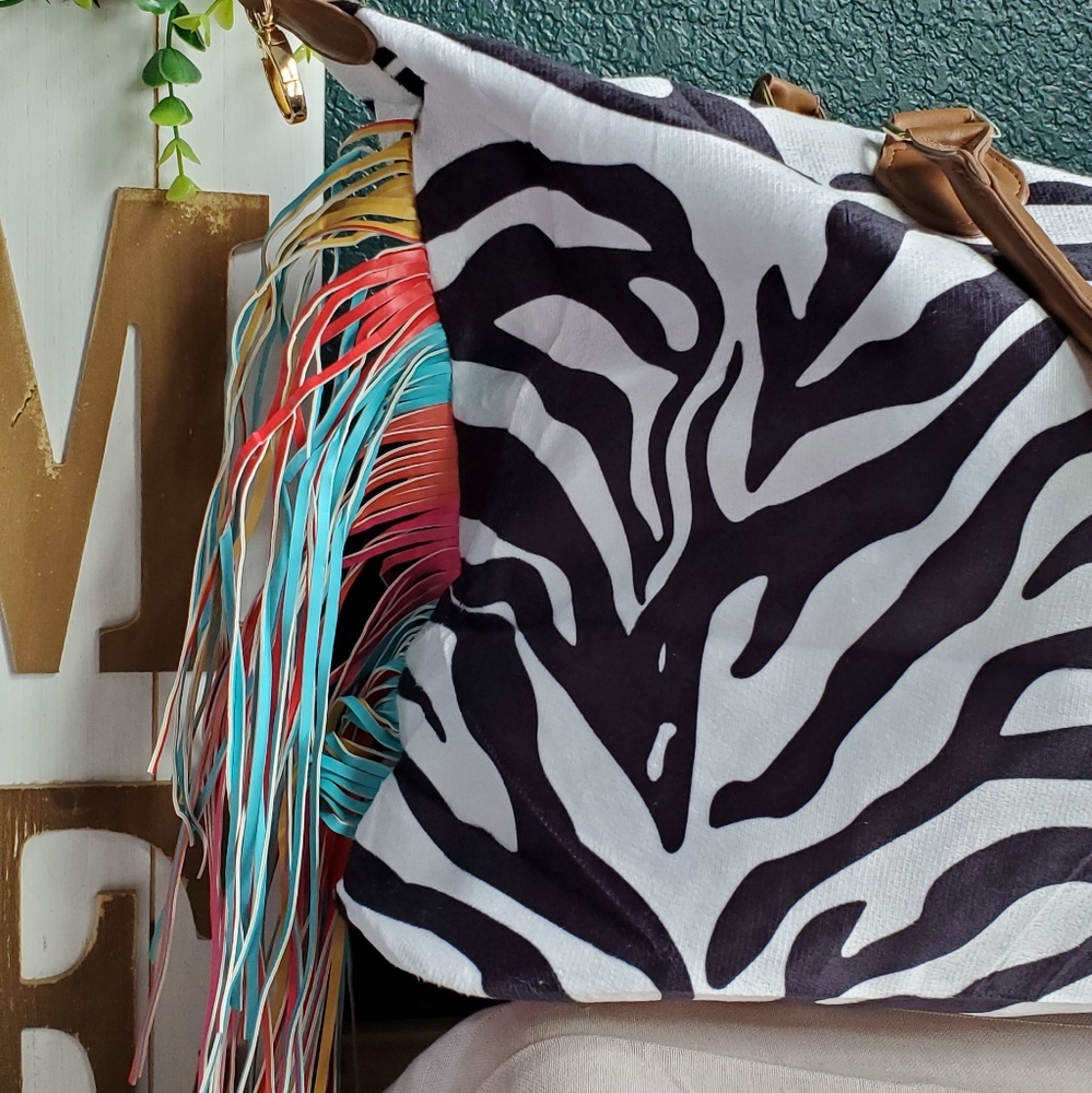 Zebra Print Fringe Weekender Bag